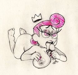 blush crown cum dogmalord erect_penis eyelashes faceless_male fairy female large_breasts licking_penis lipstick monochrome nail_polish nickelodeon pink_eyes pink_hair short_hair sketch straight_hair the_fairly_oddparents wanda