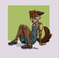 animated anthro bodily_fluids canid canine canis clothing domestic_dog embarrassed female footwear furryporky genital_fluids mammal omorashi overalls shoes solo solo_focus urine watersports wetting