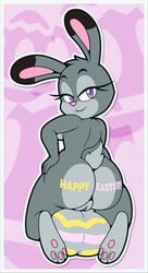 2021 anthro ass balls bedroom_eyes big_balls big_breasts big_butt breasts disney easter easter_balls english_text eyelashes feet full-package_futanari fur genitals grey_body grey_fur half-closed_eyes hand_on_hip herm hi_res holidays huge_balls hyper hyper_balls hyper_genitalia intersex judy_hopps kneeling lagomorph leporid long_eyelashes looking_at_viewer looking_back mammal narrowed_eyes nude pawpads paws pink_nose purple_eyes pussy rabbit seductive smile solo text thick_thighs thisnameistaken toes wide_hips zootopia