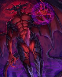 2021 abs demon diabolos erection final_fantasy genitals humanoid male membrane_(anatomy) membranous_wings muscular muscular_humanoid muscular_male nurinaki penis pentagram red_body red_skin smile solo square_enix standing teeth video_games wings yellow_eyes