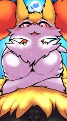 2021 absurd_res anthro big_breasts black_body black_fur blush bodily_fluids braixen breast_squish breasts canid canine crossed_arms female fingers fur genital_fluids genitals hand_on_breast hi_res inner_ear_fluff looking_at_viewer mammal milkteafox motion_lines multicolored_body multicolored_fur nintendo nude open_mouth open_smile pokémon_(species) pokemon pokemon_(species) pussy red_body red_eyes red_fur red_nose smile solo squish sweat tongue tuft video_games white_body white_fur yellow_body yellow_fur