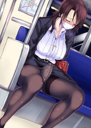 1futa big_breasts big_penis blush breasts brown_hair clothed clothing dutch_angle erection erection_under_clothes erection_under_pantyhose futa_only futanari human light-skinned_futanari light_skin mask office_lady pale_skin pantyhose pencil_skirt penis public red-rum short_hair sitting skirt sleeping solo surgical_mask train train_interior wet_dream