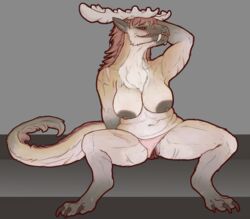 2019 3_toes age_difference anthro antlers areola big_areola big_breasts breasts chest_tuft claws clothing clothing_aside damaris_drakenuria dragon feet female fur furred_dragon genitals herpydragon horn hybrid long_labia mature_anthro mature_female mythology nipples nude older_female overweight overweight_anthro overweight_female panties panties_aside pinup plump_labia pose pussy sagging_breasts scar scared simple_background solo thick_thighs toe_claws toes tuft underwear underwear_aside wide_hips