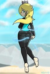 1girls 2020s 5_fingers barefoot blonde_hair bodysuit clothing crown female female_focus female_only flying fully_clothed hair human japan magic mario_(series) mario_and_sonic_at_the_olympic_games nintendo outdoors png princess_rosalina signature solo tsumibro wetsuit