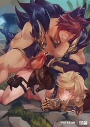 2boys abs asian asian_male balls bara blonde_hair blushing bottomless bottomless_male erect_penis erection ezreal gay gay_sex genital_fluids genitals horny huge_cock imminent_anal imminent_penetration imminent_sex kemonomimi league_of_legends looking_back male male/male male_only muscular muscular_male naughty_smile penis penis_size_difference pinned precum precum_drip precum_trail pubic_hair riot_games rubbing_penis scar sett short_hair size_difference tagme twink uncensored veiny_muscles video_game_character yaoi