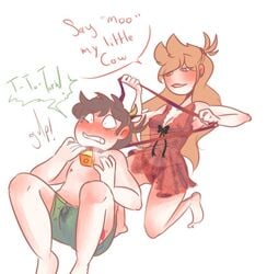 animal_ears brown_hair cow_bell_collar cowbell crossover dark_brown_hair edd_(eddsworld) eddsworld ellsworld hair_ornament petplay precum red_hair_ornament red_lingerie rule_63 text tori_(eddsworld) tugging_leash vibrator