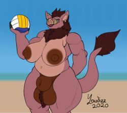 animal_genitalia anthro ball ball_tuft balls beach big_balls big_breasts big_nipples breasts fully_sheathed futanari genitals gertrude_(yaudizz) green_eyes gynomorph hair huge_balls intersex mammal neck_tuft nipples seaside sheath slightly_chubby solo suid suina sus_(pig) thick_thighs tuft volleyball_(ball) wild_boar yaudizz