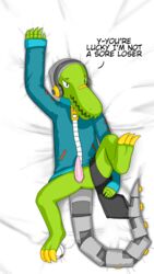 absurd_res anthro bottomless clothed clothing crocodilian cybernetics cyborg dakimakura_design furmazing gay genitals headphones hi_res hoodie latch lethal_league looking_at_viewer machine male penis raised_leg reptile scalie solo topwear zipper