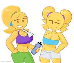 2021 2girls breasts emoji_(race) emoji_slut emoji_thot emojifam_(sssir8) hair_buns hairband karlometer mob_face ponytail short_hair shorts smile sports_bra sweat tubetop twintails water_bottle white_background wink yellow_hair yellow_skin yoga_pants