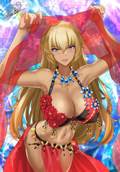 1girls 5:7 alternate_costume arms_up artist_signature bare_thighs beads belly_dancer belly_dancer_outfit blonde_hair blush cleavage dancer dancer_outfit dancing dark-skinned_female dark_skin eyeshadow female female_only fire_emblem fire_emblem:_the_binding_blade flower grin harem_girl harem_outfit igrene_(fire_emblem) large_breasts lipstick long_hair looking_at_viewer makeup nail_polish nez-box nintendo pelvic_curtain pink_nails pixiv red_lipstick red_loincloth smile solo solo_female veil voluptuous voluptuous_female wide_hips yellow_eyes