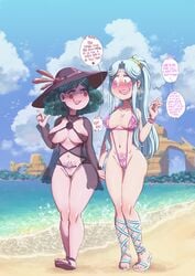 2girls beach bikini black_swimsuit blue_eyes blue_hair blush cleavage clouds dialogue disney disney_channel eclipsa_butterfly english_text face_markings female female_only green_hair hat imminent_sex innie_pussy lipstick long_hair milf moon_butterfly multiple_girls navel nipples_visible_through_clothing open_mouth peonymami pierced_nipples piercing pink_swimsuit pubic_tattoo purple_eyes pussy pussy_visible_through_clothes sandals see-through see-through_swimsuit speech_bubble star_vs_the_forces_of_evil swimsuit text thick_thighs thigh_gap white_hair