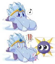 !! <3 2021 anthro ball_with_hyper_features big_breasts blue_body blue_skin blush bra breast_grab breasts cleavage cleavage_overflow cute cute_face eyelashes female gordo huge_breasts humanoid ice ice_kirby kirby kirby_(series) large_breasts love musical_note nintendo open_mouth purple_feet sakana8888888 sliding spikes surprise surprised surprised_face sweat sweating