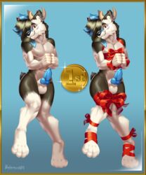 absurd_res anthro behemoth89 bondage bound bow canid canine canis christmas domestic_dog erection genitals hi_res holidays hybrid male male_only mammal penis piercing raffle_prize solo solo_male wolf