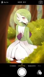 ambiguous_gender androgynous ass blush bob_cut bushes camera colored_skin curvaceous dress feet forest fraankyy from_behind gardevoir gen_3_pokemon green_hair green_skin hair_over_one_eye high_resolution looking_at_viewer looking_back nature open_mouth outdoors pokémon_(species) pokemon pokemon_(species) pokemon_species red_eyes short_hair sitting sitting_on_floor solo_focus taking_picture thick_thighs thighs tongue very_high_resolution white_dress white_skin wide_hips