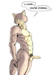 2021 abs absurd_res anthro balls beastars canid canine canis claws dialogue english_text erection ffog foreskin genitals hi_res humanoid_genitalia humanoid_penis legoshi_(beastars) male male_only mammal muscular muscular_anthro muscular_male navel nude penis pubes scar simple_background solo standing text uncut white_background wolf