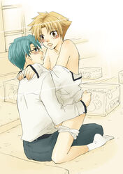 2boys baka_to_test_to_shoukanjuu blue_eyes blue_hair blush blush blushing_at_viewer brown_eyes brown_hair gay koo kubo_toshimitsu nipples shirt socks underwear undressing undressing_another yaoi yoshii_akihisa