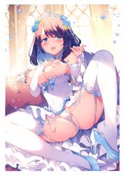 1girls areolae ass blue_eyes breasts breasts_out_of_clothes brown_hair female female_only hair_ornament high_heels highres kat_(bu-kunn) large_breasts legwear nipples original original_character panties solo stockings tagme thighhighs wedding_dress white_legwear white_panties