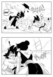 ! 1boy 1girls abs ass big_ass big_breasts black_and_white blush breasts chichi comic dragon_ball dragon_ball_super dragon_ball_z funsexydragonball girl_on_top monochrome muscular_male nipples page_8 son_goku tearing_clothing