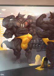 2021 4_arms abs anthro barazoku barely_visible_genitalia barely_visible_penis biceps big_bulge big_muscles big_penis bulge canid canine canis clothed clothing detailed_background dumbbell erection erection_under_clothing flexing genital_outline genitals gym hi_res huge_bulge huge_cock huge_muscles inside jewelry male male_only mammal mirror multi_arm multi_limb muscular muscular_anthro muscular_male navel necklace nipples obliques open_mouth open_smile pecs penis penis_outline poking_out quads reflection smile solo standing tattoo tenting thong towel underwear vorusuarts water_bottle weights wolf