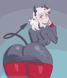 1girls animated ass ass_shake big_ass bouncing_breasts breasts cute demon_horns demon_tail female female_only gif helltaker horns looking_at_viewer looking_back modeus_(helltaker) red_eyes solo supersatanson white_hair