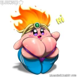 anthro ball_with_hyper_features big_breasts blue_pants bluen0s3 bra breasts cute cute_face eyelashes female female_only fire fire_kirby huge_breasts kirby kirby_(series) lips lipstick nintendo pants pink_body pink_lipstick pink_skin purple_bra rule_63 smile smiling solo solo_female text waddling_head