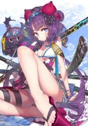 blue_eyes fate/grand_order fate_(series) feet hong_(white_spider) katsushika_hokusai_(fate) looking_at_viewer purple_hair swimsuit sword tagme