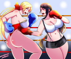 2girls arena ass barefoot big_breasts black_hair blonde_hair blue_boxing_gloves blue_eyes blue_gloves boxing boxing_gloves boxing_ring breasts bubble_ass bubble_butt butt catfight cleavage clothing crossover dead_or_alive dkstudios05 fight fighting_ring final_fantasy final_fantasy_vii gloves helena_douglas huge_breasts large_breasts light-skinned_female light_skin long_hair open_mouth punch red_boxing_gloves red_eyes red_gloves revealing_clothes thick thick_ass thick_hips thick_thighs tifa_lockhart voluptuous wide_hips