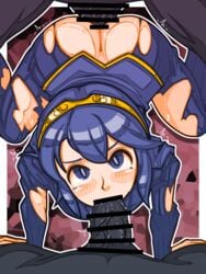 all_fours ass bare_thighs big_ass blue_eyes blue_hair censored double_penetration fire_emblem fire_emblem_awakening from_above inner_thighs irrumatio kneeling long_hair looking_at_viewer looking_up lucina_(fire_emblem) mimizunooka nintendo oral pov rape rapist_pov spitroast sweat tears tiara torn_clothes