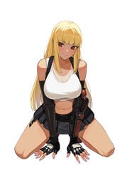 1girls alluring arm_guards arm_warmers bangs bare_legs belt between_legs big_breasts black_gloves black_skirt blonde_hair blunt_bangs blush breasts cleavage closed_mouth collarbone commentary commission cosplay crop_top elbow_gloves elbow_pads emilie_de_rochefort english_commentary eyebrows_visible_through_hair female final_fantasy final_fantasy_vii fingerless_gloves full_body gloves hand_between_legs high_res jason_kim kneel lips long_hair looking_at_viewer midriff miniskirt nail_polish namco painted_nails pleated_skirt purple_nails simple_background skirt smile solo square_enix straight_hair tank_top tekken thighs tifa_lockhart tifa_lockhart_(cosplay) voluptuous white_background white_tank_top