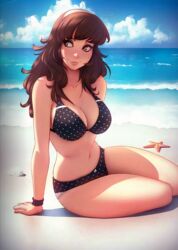 1girls artist_request beach bikini brown_eyes brown_hair human lying_on_ground spotted_bikini