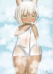 animal_ears bangs bath blush brown_fur bunny embarrassed female fur furry golden_eyes hair holding lagomorph made_in_abyss naked_towel nanachi puwuni solo tail thick_thighs thighs towel water wet wet_towel white_hair yellow_eyes