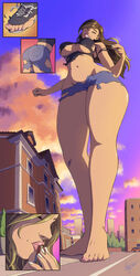 1boy 1girls female female_focus giantess huge_breasts kissing larger_female long_hair male multicolored_hair size_difference smaller_male solo_focus underboob wardrobe_malfunction zerohour99