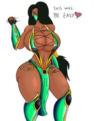 2d big_ass big_breasts giant_ass giant_breasts green_clothing green_eyes jade_(mortal_kombat) massive_ass massive_breasts massive_butt mortal_kombat revealing_clothes shaking_hands talking_to_viewer tanned tanned_skin tight_clothing