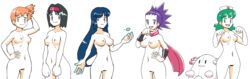 5girls belly_button black_hair breasts censor_bar character_request dark_hair doll erika_(pokemon) female female_only green_hair gym_badge_(pokemon) gym_leader hinoarashi janine_(pokemon) kasumi_(pokemon) light-skinned_female light_skin marsh_badge misty_(pokemon) multiple_females multiple_girls nintendo nipples nude nude_female nurse_joy orange_hair pokemon pokemon_gsc pokemon_rgby psychic purple_hair pussy sabrina_(pokemon) scarf short_hair