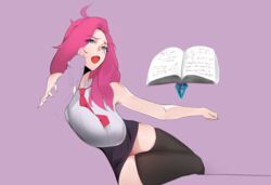 1girls battle_academia_katarina battle_academia_series big_breasts blue_eyes book clothed holding_penis katarina_du_couteau kimuna league_of_legends looking_at_penis open_mouth pink_hair precum