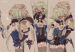 1boy 1boy1girl 1girls albedo_(genshin_impact) animal_ears blonde_hair blush censored clothing coat collar covered_mouth covering_another's_mouth covering_mouth gag gagged garter_straps genshin_impact glasses gloved_handgag gloves green_hair hand_gagged hand_on_mouth hand_over_another's_mouth hand_over_mouth handgag heart-shaped_pupils hot_dogging intercrural lovealchemists ponytail stockings straight sucrose_(genshin_impact) sumata thigh_sex yellow_eyes