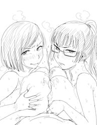 1boy 2girls :q alternate_breast_size angry_paizuri asian asian_female big_breasts black_and_white blush bob_cut breast_to_breast collaborative_paizuri cum cum_between_breasts cum_on_breasts disgusted double_paizuri ejaculation_between_breasts embarrassed embarrassed_nude_female engulfing_paizuri eyebrows eyelashes female female_focus glasses huge_breasts jujutsu_kaisen kaiman_(artist) kaiman_garupan kugisaki_nobara looking_at_viewer monochrome multiple_girls nude nude_female paizuri paizuri_lead_by_female paizuri_on_lap penis_between_breasts ponytail pov short_hair simple_background sketch straight white_background zenin_maki