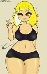 1girls agent_4_(splatoon) athletic_shorts bare_shoulders black_shorts black_sports_bra blonde_hair breasts eyelashes female female_only front_view hips humanoid inkling inkling_girl medium_breasts midriff nintendo nsfwtalex short_blonde_hair short_shorts shorts solo solo_female splatoon splatoon_2 sports_bra telaxart texalunax thick thick_thighs thighs v voluptuous wide_hips yellow_hair