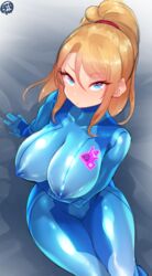 1girls blonde_hair blue_bodysuit blue_eyes bodysuit born-to-die breasts busty female from_above hairband huge_breasts looking_at_viewer looking_up_at_viewer metroid nintendo nipple_bulge nipples_visible_through_clothing ponytail pout red_hairband samus_aran sitting solo solo_female tagme thick_thighs thighs tight_clothing zero_suit zero_suit_samus