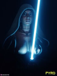 3d areolae big_breasts breasts brown_eyes brown_hair cleavage cloak crossover female female_focus female_only hooded_cloak hourglass_figure lara_croft lara_croft_(survivor) lightsaber long_hair necklace nipples no_eyewear nose_piercing pyro_(artist) solo standing star_wars sweat tomb_raider