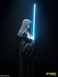 3d areolae big_breasts breasts brown_eyes brown_hair cleavage cloak crossover female female_focus female_only hooded_cloak hourglass_figure lara_croft lara_croft_(survivor) lightsaber long_hair necklace nipples no_eyewear nose_piercing pyro_(artist) solo standing star_wars sweat tomb_raider