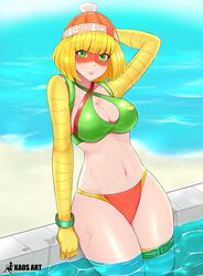 1girls arm_gloves arms_(game) beach belly belly_button big_breasts bikini blonde_hair bob_cut breasts busty cleavage clothing female female_only green_eyes hat hips hourglass_figure humanoid kaos_art large_breasts lipstick looking_at_viewer min_min_(arms) navel nintendo ocean outdoors outside pool pose posing sand shiny_skin short_hair solo solo_female swimsuit thick thick_thighs thighs voluptuous water white_skin wide_hips