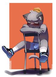 1boy 2021 airpods anthro beanie bekjjang blue_underwear blush bodily_fluids bulge chair clothing domestic_cat felid feline felis footwear furniture genital_fluids genital_outline grey_fur hajime_tanaka_(odd_taxi) hat headgear headwear hi_res looking_at_viewer male male_only mammal odd_taxi orange_background penis_outline precum precum_through_clothing shoes solo sweat underwear wet wet_clothing