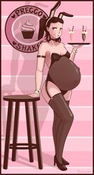 1girls big_belly brown_eyes brown_hair bunny_ears bunnysuit cleavage clothed earrings female female_only fetal_movement fishnets heels high_heels milkshake mole_on_ass navel original_character outie_navel playboy_bunny ponytail preggosteggo pregnant solo solo_focus thick_thighs uncomfortable waitress