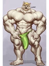 1boy 2021 abs anthro barazoku biceps big_bulge big_muscles big_penis blonde_hair bodily_fluids border bulge canid canine canis clothing dripping erection erection_under_clothing fur genital_fluids genitals green_clothing green_eyes green_underwear grey_background hair hi_res huge_bulge huge_cock huge_muscles hyper hyper_muscles looking_at_viewer male male_only mammal muscular muscular_anthro muscular_male navel nipples oldshep partially_clothed pecs penis precum precum_drip precum_through_clothing precum_through_underwear quads signature simple_background smile solo standing tenting thick_thighs thong underwear vein wet wet_clothing white_body white_border white_fur wolf