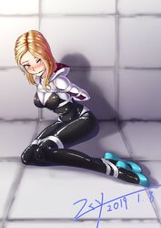 1girls arms_behind_back asymmetrical_hair blonde_hair blue_eyes bodysuit bondage bound bound_ankles bound_arms bound_legs female gag gagged ghost-spider gwen_stacy marvel marvel_comics restrained spider-gwen spider-man_(series) superheroine tied zsy433