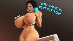 3d 4k black_hair black_lipstick blue_eyes blue_hair breast_expansion breast_grab expansion f4 femscout femscout_(alt_design) growth huge_breasts looking_at_viewer nipple_piercing nipples no_bra piercing poster scout sfm source_filmmaker team_fortress_2 text tf2 thick_thighs top_heavy