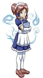 annoyed apron bethany_(the_binding_of_isaac) blue_eyes blue_fire book breasts brown_hair clothed clothing cross cross_necklace digital_media_(artwork) female female_only frills hair_ornament human light_skin long_gloves looking_at_viewer maid maid_headdress maid_uniform medium_breasts necklace shoes short_sleeves sidelocks skirt standing stockings the_binding_of_isaac transparent_background twintails unknownlewder wisp