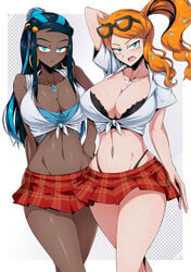 2021 2girls :o alternate_breast_size angry aqua_eyes arm_behind_head arms_behind_back bare_midriff bare_shoulders belly belly_button big_breasts black_bra blue_eyes blue_hair blush bra bra_cups_sticking_out breasts chocolate_and_vanilla cleavage dark-skinned_female dark_skin earrings embarrassed eye_contact eyewear eyewear_on_head female female_only front-tie_top g-string ginger glasses glasses_on_head gyaru gym_leader hair_ornament heart_hair_ornament hi_res highleg highleg_panties highres hoop_earrings hourglass_figure huge_breasts human jewelry large_breasts light-skinned_female light_skin long_hair looking_at_viewer microskirt midriff miniskirt multicolored_hair multiple_girls navel navel_line necklace nervous nessa_(pokemon) nintendo open_mouth orange_hair plaid plaid_skirt pokemon pokemon_(game) pokemon_ss revealing_clothes school_uniform shirt side_ponytail sidelocks simple_background skirt smile sonia_(pokemon) standing streaked_hair suzusiigasuki sweat sweatdrop symmetrical_docking take_your_pick thighs thin thin_waist thong thong_above_skirt thong_straps tied_shirt two-tone_hair underwear voluptuous wide_eyed wide_hips