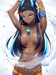 1girls 2019 abs armband armpits arms_up athletic bare_arms bare_breasts bare_midriff bare_shoulders belly_chain black_hair blue_eyes blue_hair breasts convenient_censoring dark-skinned_female dark_skin ear_piercing earrings female female_only game_freak guxu gym_leader hair_over_breasts hi_res highres hoop_earrings large_breasts long_hair looking_at_viewer midriff multicolored_hair naked narrow_waist necklace nessa_(pokemon) nintendo pokemon pokemon_ss shiny shiny_skin skinny solo tagme toned toned_female water waterbending